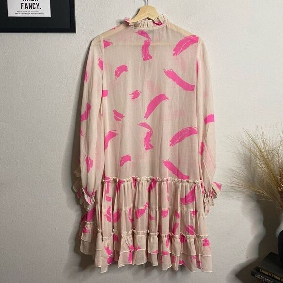 KLEID Dress Ruffle Printed Long Sleeve Pink Sheer Mini Dress Size XS - Picture 7 of 7